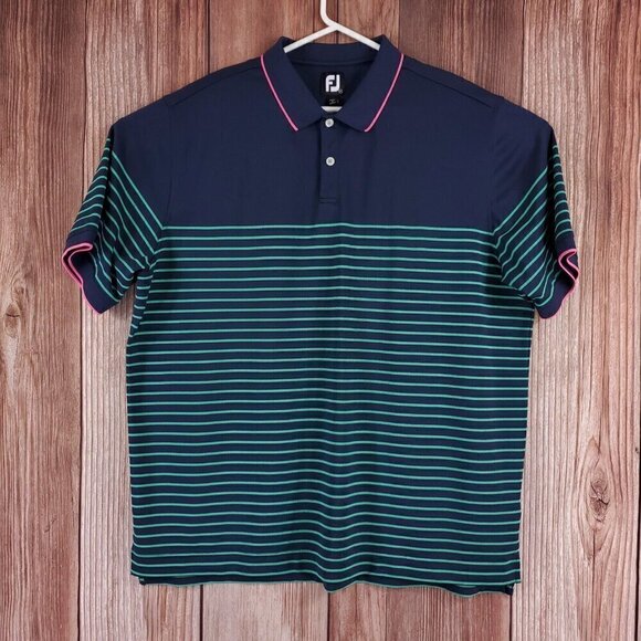 Footjoy FJ Mens Size 2XL Breton Stripe Stretch Pique Knit Collar SS Polo Shirt - Picture 1 of 11